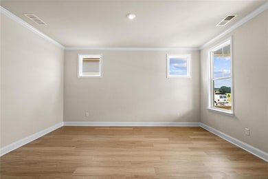 Spare room featuring crown molding, light wood-type flooring, and baseboards