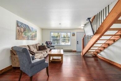 Living room with baseboard heating and dark hardwo