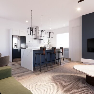 This photo showcases a modern, open-concept kitchen and living area. The kitchen features a stylish island with seating, pendant lighting, and sleek appliances. The space is bright and inviting with contemporary decor and a cozy seating area. VIrtually Staged.