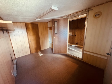 Carpeted spare room with wood walls, a textured ceiling, and baseboard heating
