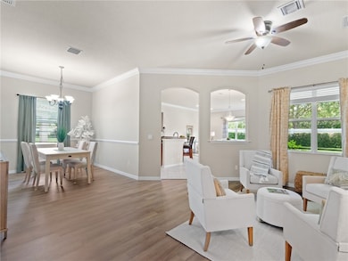 Wide view of dining and living room