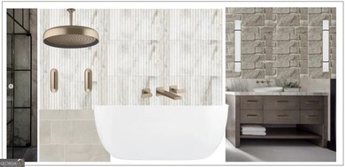 Full bath featuring tiled shower and vanity