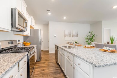 Kitchen featuring appliances with stainless steel finishes, a sink, white cabinets, wood finished floors, and a center island with sink