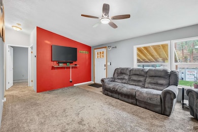 Living room featuring vaulted ceiling, carpet floors, and a ceiling fan