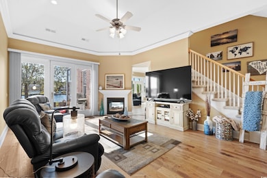 Living room with ceiling fan, ornamental molding, 
