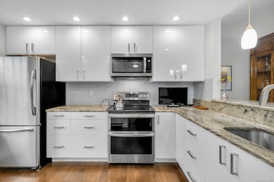 Updated kitchen with granite countertops, tile backsplash, stainless appliances, recessed lights, and tiered island/bar.