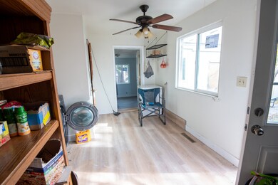 Living area featuring light wood-type flooring and a ceiling fan