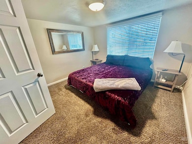Bedroom with carpet flooring and a textured ceiling