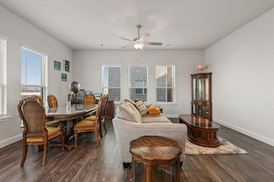 Living room featuring ceiling fan, a healthy amoun