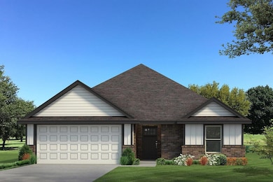 View of front of house with brick siding, an attached garage, roof with shingles, and concrete driveway