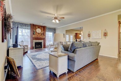 Living room with dark hardwood / wood-style floori