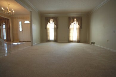 The living room is enhanced with plush carpet and 