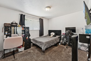 Bedroom with carpet floors, a textured ceiling, and a desk