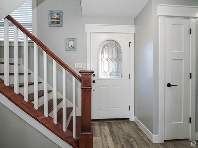 Foyer entrance featuring dark wood-style flooring, healthy amount of natural light, and stairs