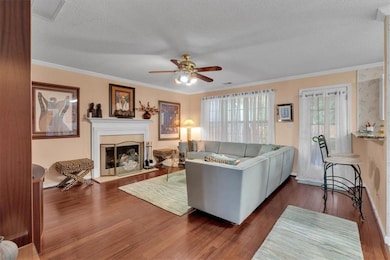 Living room featuring wood finished floors, a textured ceiling, crown molding, a glass covered fireplace, and a ceiling fan