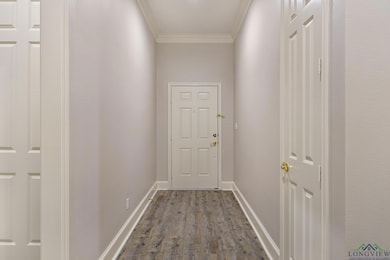 Entryway featuring ornamental molding and hardwood / wood-style floors with storage.