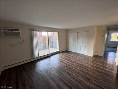 Unfurnished bedroom with a closet, multiple windows, a baseboard heating unit, and dark hardwood / wood-style floors