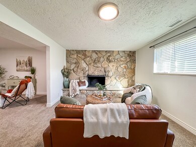 Living area featuring carpet floors, a stone fireplace, and a textured ceiling