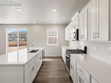 Kitchen with stainless steel appliances, white cabinetry, an island with sink, dark wood-style floors, and a textured ceiling