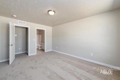 Unfurnished bedroom featuring light carpet, a textured ceiling, and ensuite bathroom