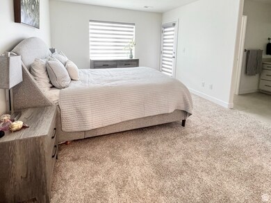 Primary Bedroom featuring light colored carpet ensuite bath walk-in closet and balcony