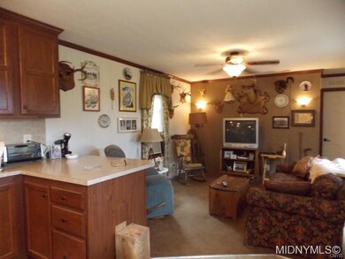 Kitchen view into living room
