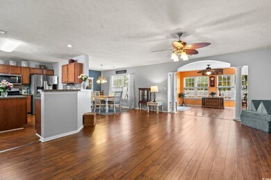 Living room with ceiling fan, dark hardwood / wood