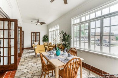 Dining room featuring ceiling fan and french doors