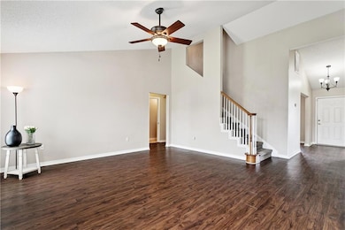 Family room with cathedral ceilings.