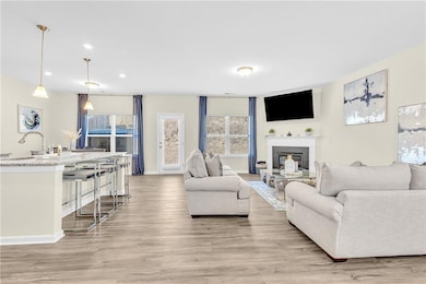 Living room with light wood-type flooring and sink