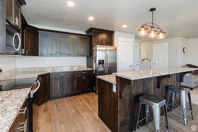 Kitchen with stainless steel appliances, light wood-style floors, dark brown cabinets, a textured ceiling, and recessed lighting
