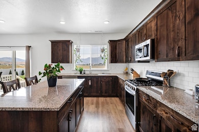 Kitchen with stainless steel appliances, healthy amount of natural light, light wood-style flooring, light stone counters, and a textured ceiling