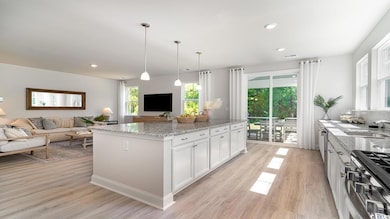 Kitchen with light stone counters, a kitchen islan
