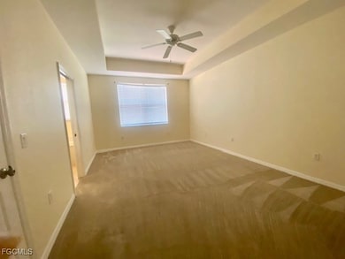 Unfurnished room featuring a raised ceiling, carpet floors, and a ceiling fan