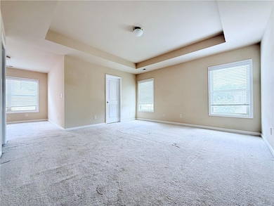 Unfurnished room with a raised ceiling and carpet