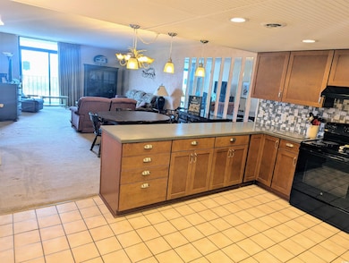 Kitchen with a peninsula, open floor plan, black e