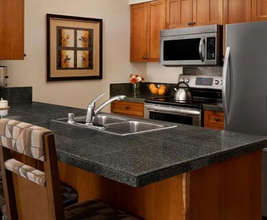 Kitchen with stainless steel appliances, tile coun