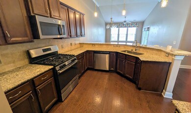 Kitchen with appliances with stainless steel finishes, a sink, lofted ceiling, dark wood-type flooring, and a peninsula