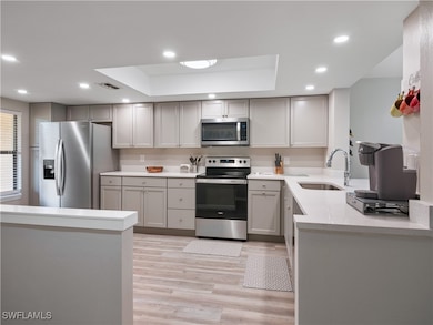 Kitchen featuring gray cabinetry, a raised ceiling
