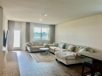 Living room with dark wood-type flooring and a te
