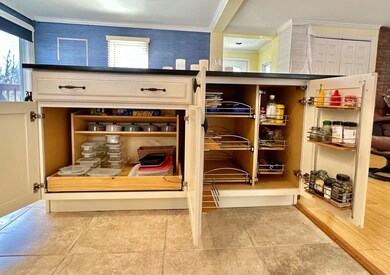 The island is full of easy pull out shelving with 