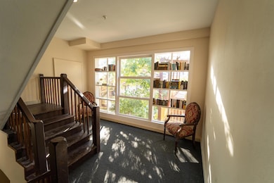 Living area with dark carpet