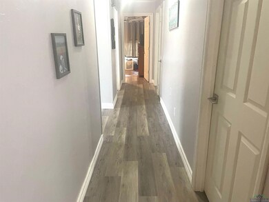 Hall with dark wood-style floors and baseboards