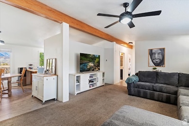 Living area featuring light carpet, ceiling fan, and a textured ceiling