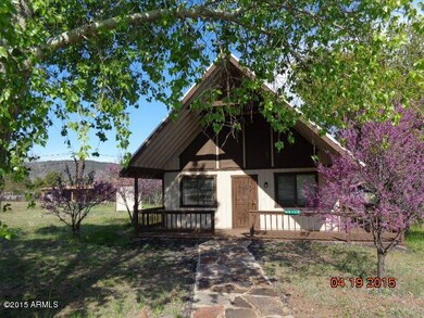 chalet front under trees