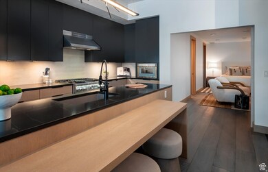 Kitchen with modern cabinets, dark wood-style floors, range hood, and oven