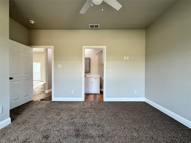 JUNIOR  MASER featuring dark carpet, ensuite bath, and ceiling fan