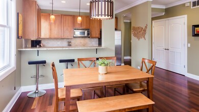 The dining room easily fits a table for 8 and gets