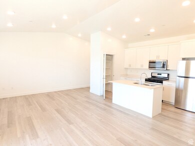 Kitchen with appliances with stainless steel finishes, recessed lighting, light countertops, a center island with sink, and open floor plan