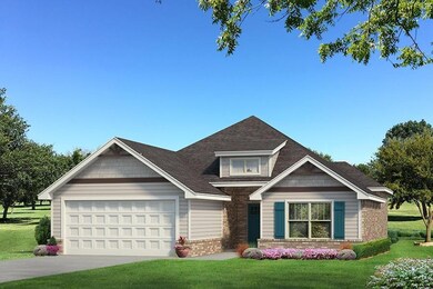 Craftsman-style home featuring a garage, a front lawn, concrete driveway, brick siding, and a shingled roof